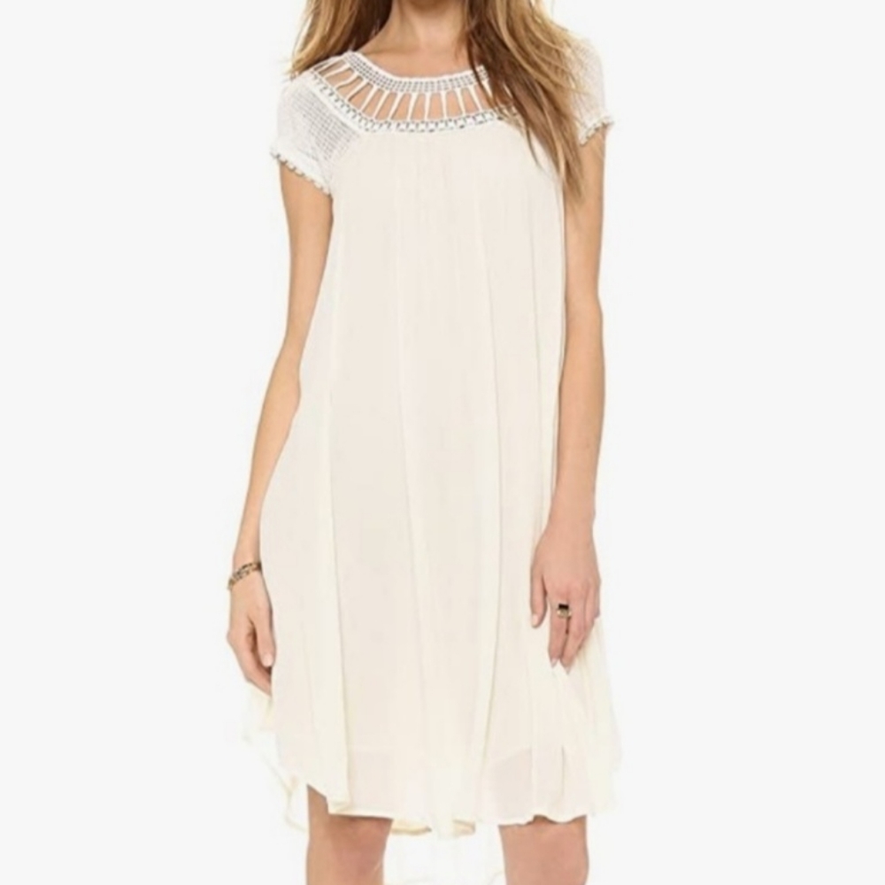 Free People Boho Western Peasant Dress Lattice Crochet Neck Long Sleeve White XS